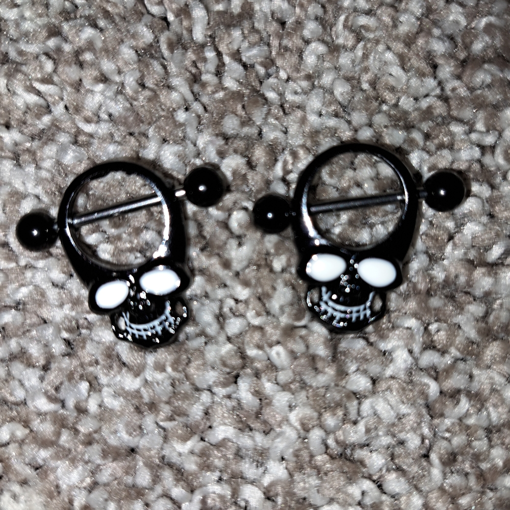 Skull Design Nipple Earrings - Black and White, New